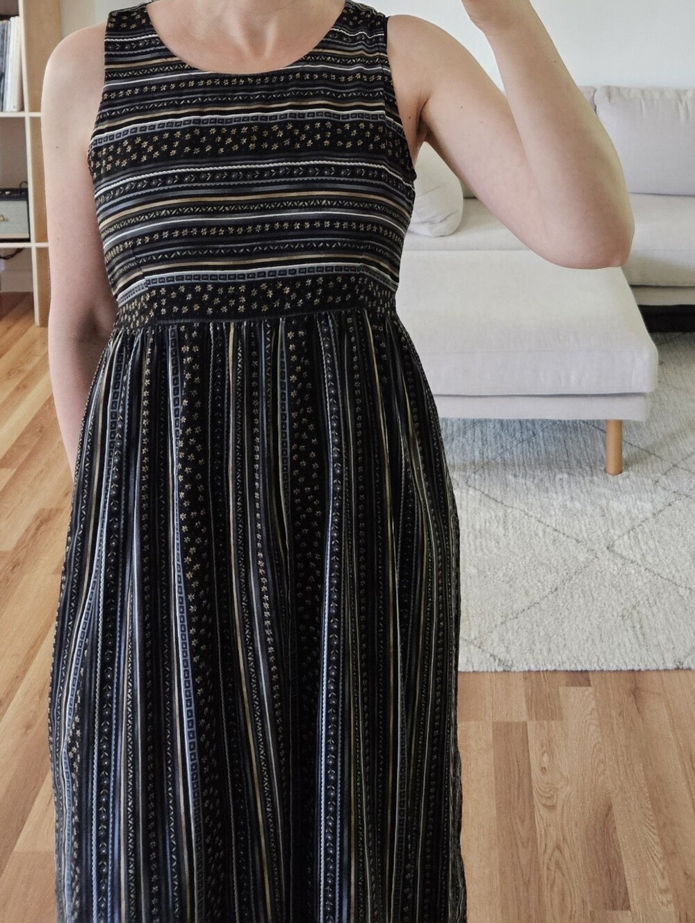 vtg stripe floral black cottage midi dress 90s y2k grunge boho indie urban - Picture 1 of 8